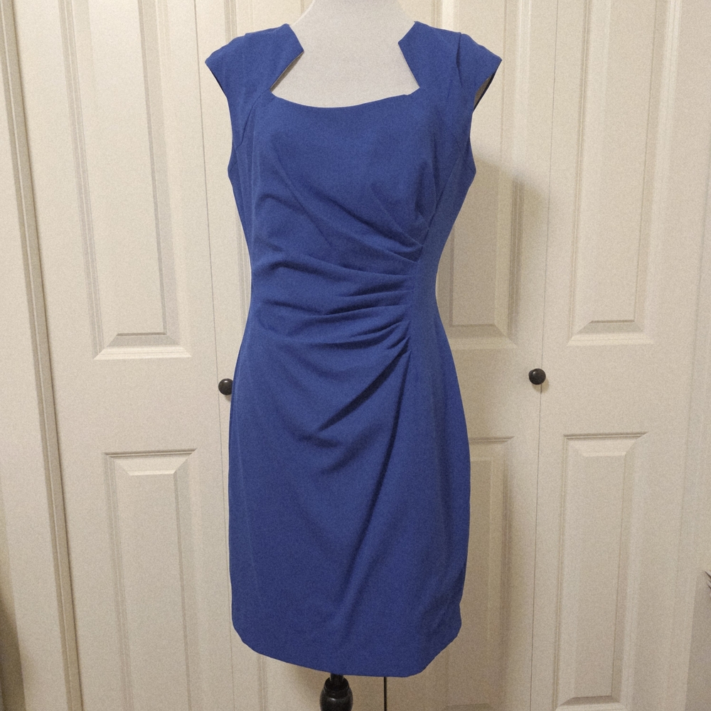 Calvin Klein Royal Blue Midi Dress SZ 8 Ruched Stretch Special Occasion